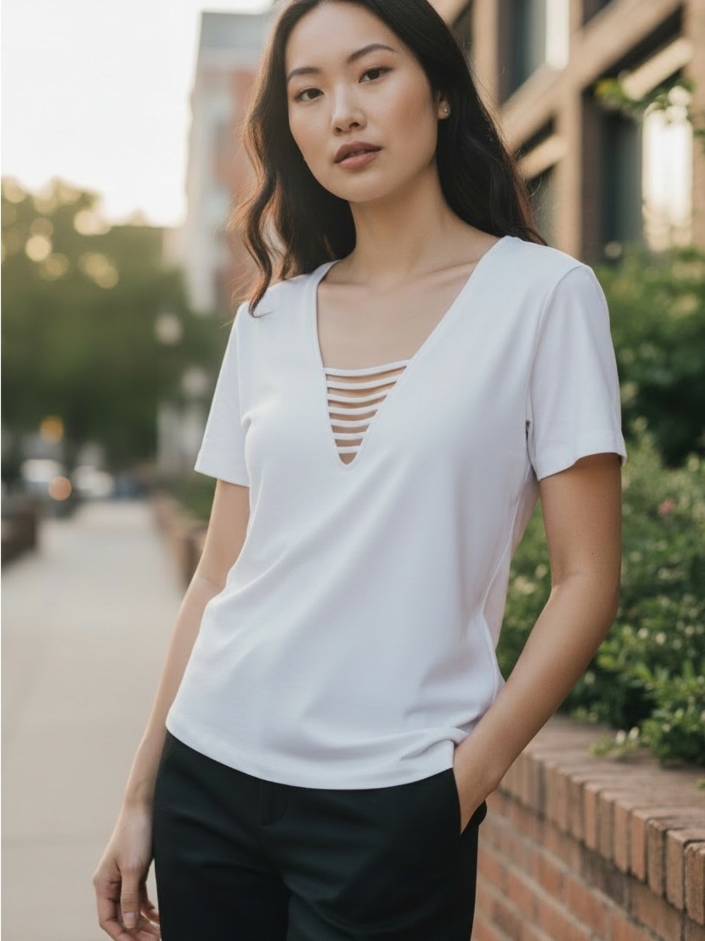 Express White V-Neck Short Sleeve Top with Strappy Detail